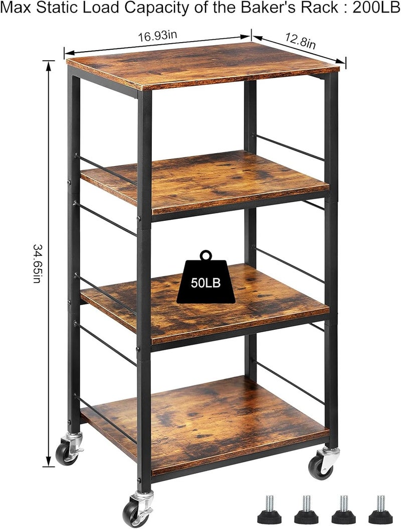 CADUKE Rolling Kitchen Cart Industrial Serving Cart 4 Tier Wood Utility Island on Wheels Rolling Bar Cart with Storage Farmhouse Microwave Table Serving Trolley Stand for Bathroom Living Room, Brown - Image 2